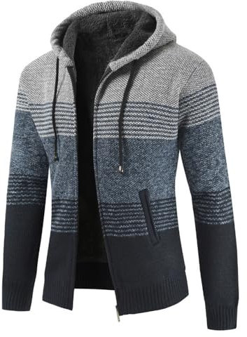 UUAISSO Uomo Felpe con Cappuccio Maglia Pullover Foderato in Pile Cardigan Cerniera Intera Casual vestibilità Regolare Cappuccio Grigio Chiaro + Blu Navy L