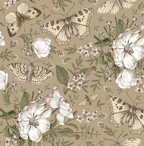 FunStick Peel and Stick Wallpaper Floral Vintage Chamomile Olive Green Brown Flower and Butterfly Wallpaper Self Adhesive for Walls Bathroom Olive Brown Vinyl Wrap for Bedroom Cupboard Retro 44.5CMx3M