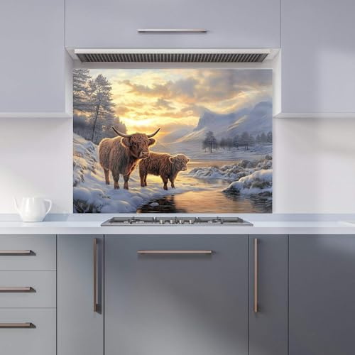Premium Highland Cows By The Lake Kitchen Splashback 6mm Toughened Glass Kitchen Splashback – Heat Resistant Splashback for Kitchens, Perfect for Cookers and Hobs, Polished Edges