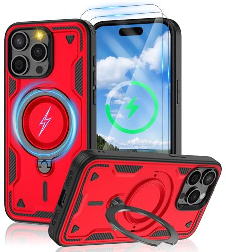 Jshru 3 in 1 Magnetic for iPhone 15 Pro Max Case,Compatible with MagSafe | Built-in Stand | 2 Pack HD Screen Protector,Military-Grade Shockproof Protective Cover for iPhone 15 Pro Max,Red