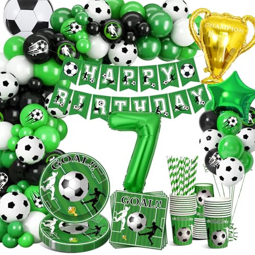 YEJIKJ Fussball Deko Geburtstag Kinder 7 Jahre, Fußball Luftballon 7. Geburtstag, Fußball Party Dekorationen Partygeschirr Set, Fussball Geburtstagsdeko Jungen 7 Jahre für Fussball Party 16 Gäste