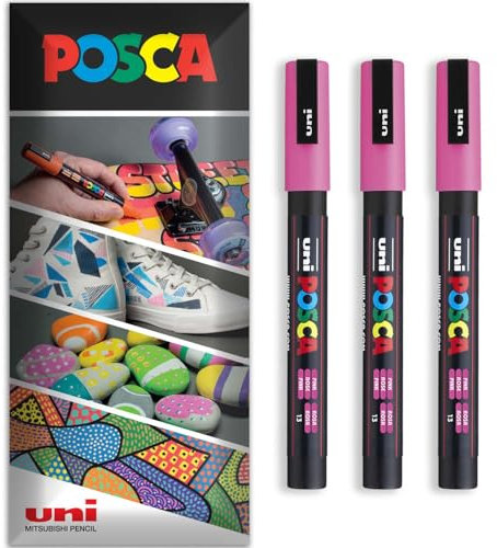 Posca Marqueur permanent à base d'eau - Utilisation multi-surfaces - PC-3M - Lot de 3 stylos dans un étui (rose)