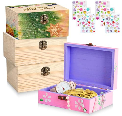 WANDGU 4 Stücke 15x10x6cm Holzkiste mit Deckel: Mini Schatztruhe Holz, Holz Schatzkiste, Rechteckiges Holzkästchen, Holzschachtel Bemalen, Schatzkiste Holzbastelsets mit Aufklebern für DIY Handwerk