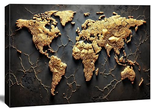 Goldene Weltkarte Bild 120x80 cm – Edler 3D-Kunstdruck auf Leinwand | Moderne Kunst für Wohnzimmer & Büro | Premium Qualität – Art.-Nr. 5047