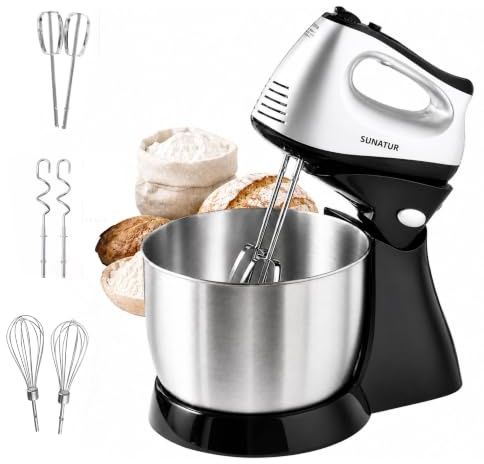Sunatur Batteur électrique 2-en-1 avec mixeur sur socle, 300 W, 5 vitesses, avec bol en acier inoxydable 304 de 3,5 litres et 3 accessoires de mixage, idéal pour les gâteaux et la crème