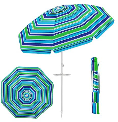 GYMAX Ombrellone da Spiaggia 200 cm, Ombrellone da Esterno Inclinabile e Portatile, Protezione dai Raggi Solari Anti UV con 8 Stecche e Asta in Ferro, con Portabicchiere, per Mare, Giardino (Verde)