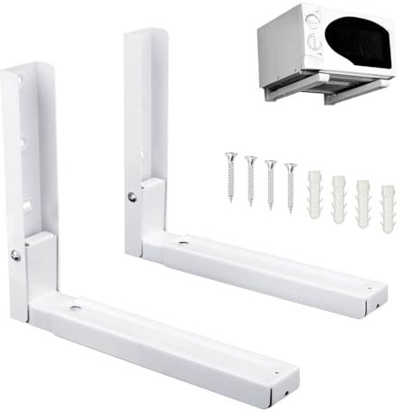 2X Heavy-Duty Wall-Mounted Microwave Brackets – Foldable, Adjustable Stainless Steel Shelf for All Microwave Ovens | Space-Saving, 50kg Load Capacity | Rustproof & Ventilated Design (White)