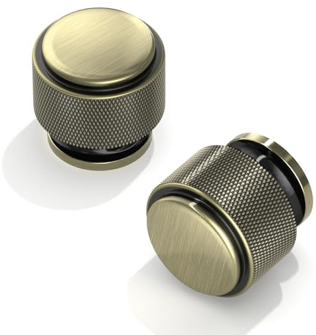 FURNIWARE 10 Pack Shiny Antique Brass Knurled Cabinet Knobs, 25mm Single Hole Handle, Kitchen Cupboard Pulls, Modern Door Knobs for Drawer Dresser, Wardrobe