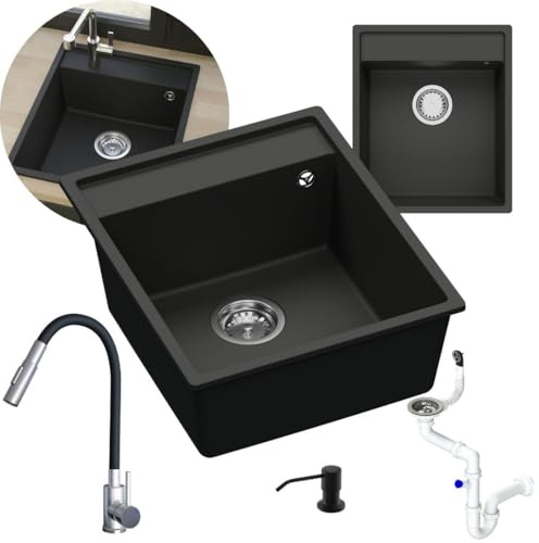 GRANMASTER Magma Granitspülbecken Komplett-Set Flexiblen DUAL Wasserhahn, Siphon, Seifenspender – 1-komoriger Spülbecken kratzfest hitzebeständig modernes Design für die Küche