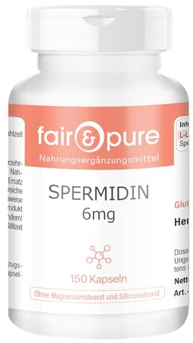 Fair & Pure Spermidin 6 mg Tagesdosis, 150 Kapseln, schluckfreundlich, mit Weizenkeimextrakt & L-Leucin, Nahrungsergänzungsmittel ohne Magnesiumstearat und Siliciumdioxid, in Deutschland hergestellt