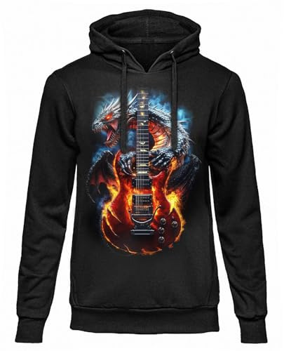 DARK EMBER – Sweat à Capuche - Dragon Guitar, Hoodie Unisexe en Coton, Coupe Regular pour Adulte et Adolescent L