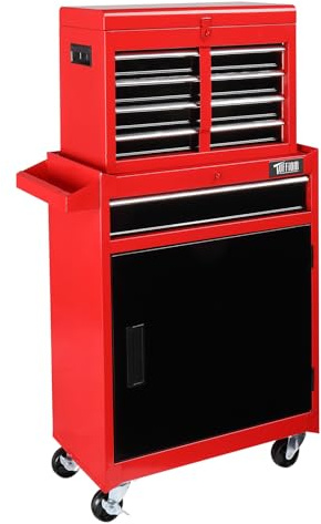 Bonnlo 5 Drawer Rolling Tool Chest, Tool Storage Cabinet, Lockable Wheels | Detachable Top & Adjustable Shelf, Mechanic Tool Organizer Box for Garage, Workshop, Warehouse & Repair Shop, Red