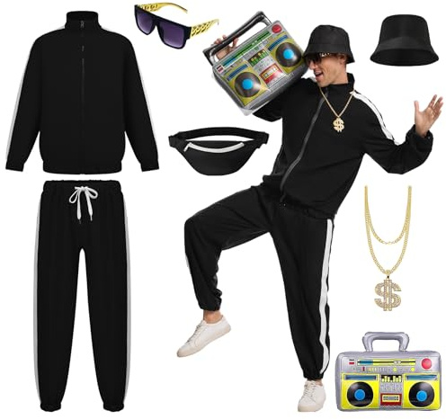 JDFAIJEAL Hip-Hop Costume Set for Men,90s Party Outfit，Halloween, Cosplay | Includes jacket,pants,hat,sunglasses,necklace,fanny pack & inflatable boombox.Perfect for Halloween & Cosplay.90s party kit