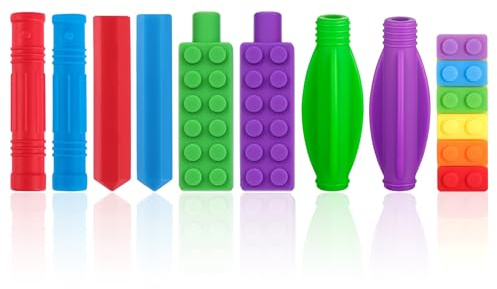SPOKKI 9 Stück Kauaufsatz Stift für Kinder Silicone Pencil Topper, Bleistift Topper mit Pencil Toppers Chew Attachment Pens für Jungen, Mädchen, Kinder mit Autismus, ADHS Kaukette für Kinders
