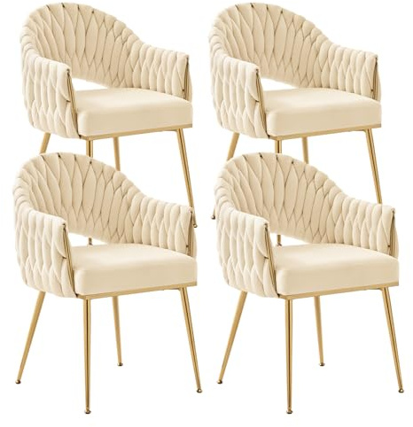 SUPPNEED Samt Esszimmerstühle 4er Set, Sessel Wohnzimmer, Stühle Esszimmer mit Armlehne, Küchenstühle mit handgeflochtenen Hochlehner, Schminktisch Stuhl mit Gold Beine, Balkonstuhl(4, Weiß)