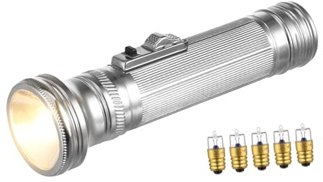 Uonlytech Petite Lampe de Poche Portable en Fer 2,5 V 0,75 W | Lot de 5 Ampoules E10, Modèle Argenté, Usage Nostalgique, Piles N°2, Remplacement Simple