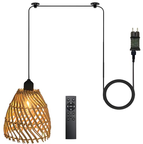 Hängelampe mit Stecker,Pendelleuchte mit Dimmbar Schalter & Fernbedienung | DIY Boho Rattan Lampenschirm Hängeleuchte mit 5M Kabel,Outdoor Lampe Hängend Esstischlampe für Schlafzimmer Wohnzimmer Küche