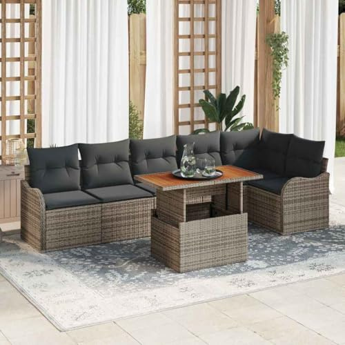 RCODSSK Outdoor-Sofa-Set mit Eckbank Grau Modulares Gartensofa mit Stauraumfach Garten-Set mit Tisch und Eckbank Grau Garten-Sofa-Set mit Stauraum 7-teilig Poly Rattan