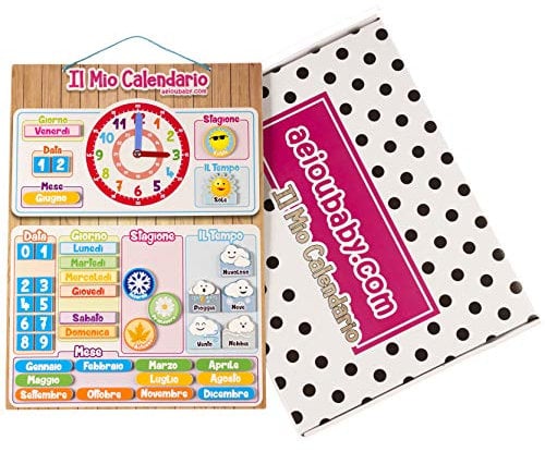 MAGNETISCHE KINDER-KALENDERUHR, Lernspiel Datum Wetter und Zeit für Wand oder Kühlschrank, 43x32cm. Ideale Box als Geschenk zum Kindergeburtstag in der Schule oder im Kindergarten (Italienisch)