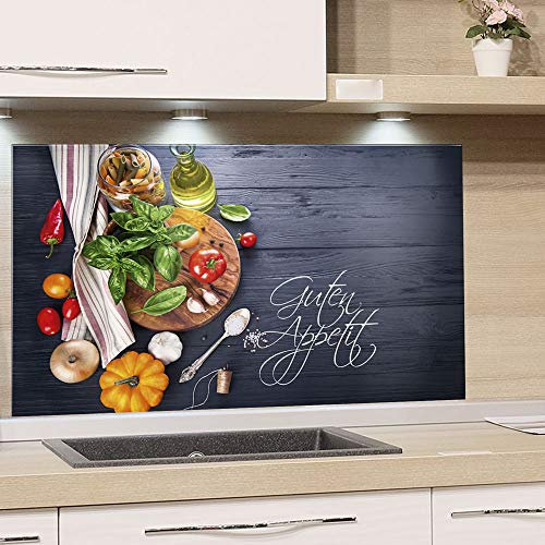 GRAZDesign Spritzschutz Küche Herd, Gemüse auf Holz, dunkelgrau mit Guten Appetit, Küchenrückwand aus Echtglas, Wandschutz Glasbild 4mm ESG Glas / 60x40cm