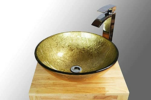 BELOFAY Flash Gold Stylish Bathroom Counter Top Wash Basin Sink, Round Glass Bowl Cloakroom Basin for Vanity Cabinet, Toilets and Bathrooms, Taps & Wastes are not Included (42x14x42cm) (WxHxL)