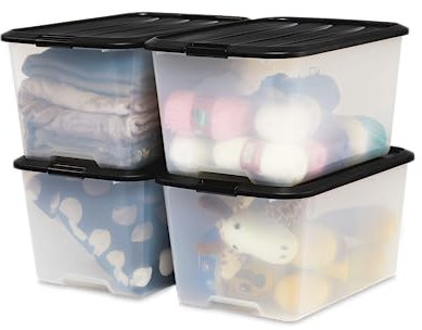 Iris Ohyama Aufbewahrungsbox mit Deckel, 45L, 4er-Set, Schwarz, Schnappverschlüsse mit Griffen, Stapelbar, Stark & Langlebig, Für Kleidung, Garage, Zuhause, Büro, Plastikbox, Lagerung TB-45