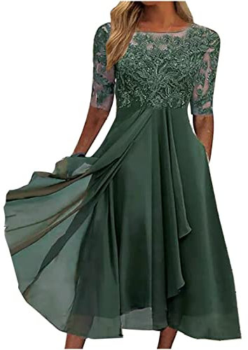 Azruma Wickelkleid Damen Sommer 2 In 1 Sommerkleid Damen Kleider Sommer Damen Elegant Chiffon Patchwork Spitze Hollow Out Einfarbig Lange Abendkleider FüR Hochzeit Beach Dress (GrüN, XXL)