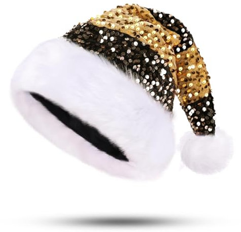 PUZAUKAL Weihnachtsmütze Pailletten Nikolausmütze Elf Erwachsene Unisex Santa Mütze Warme und Bequeme Extra Weich für Weihnachten Neujahr Festliche Weihnachtsfeier Schwarzes Gold