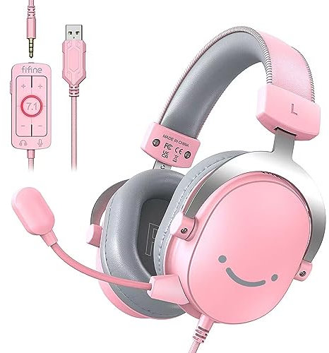 FIFINE Pink 3.5mm/USB Gaming Headset,PC Over-Ear Gamer Headphone with Microphone for Xbox, Computer, PS4/PS5, Streaming Headset with Detachable Mic,7.1 Surround Sound,Soft Earmuffs-AmpliGame H9 Pink