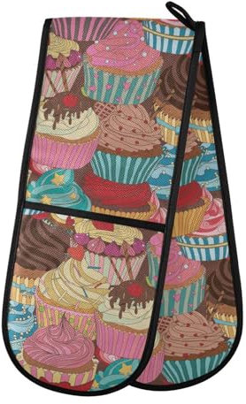 Double Oven Gloves Vintage Cupcakes Heat Resistant Pot Holder Oven Mitt Gloves for BBQ Cooking Baking Grilling Microwave