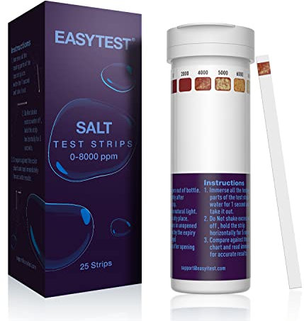 Tiras de prueba de agua salada para piscina, kit de tiras de prueba de sal para piscina y spa para contenido de cloruro de sodio 0-8000 ppm, 25 unidades
