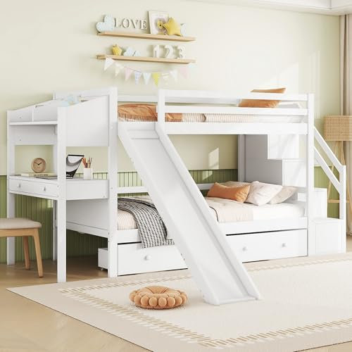 Lit superposé enfant 90x200 avec toboggan,lit mezzanine 2 places,lit enfant garcon,lit enfant avec barriere,lit mezzanine escalier,lit enfant avec rangement,deux compartiments de rangement,blanc