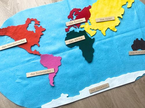 Montessori Filzmatte Weltkarte 90x50 cm, Puzzle Landkarte inkl. 7 Kontinente & Beschriftungen Montessori Spielzeug - Lernspiel zur Kontinente-Erkennung, Deutsche Version