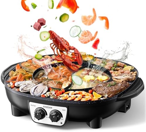 Stariver Hot Pot Electric with Grill 2 in 1, Korean BBQ & Shabu Shabu Pot