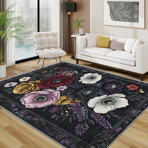 Generisch Blumen Teppich Waschbar, Vintage Mehrfarbig Blumen Teppich 80x150 cm, Bunt Botanisch rutschfest Waschbar Pflegeleicht Teppiche Für Schlafzimmer Küche, Schwarz Rot Rosa