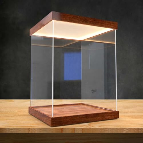Acryl Vitrine Beleuchtete Vitrine mit 30 mm Holzsockel, Transparente Acryl-Vitrinenbox, Staubdichte Aufbewahrungsboxen für Vitrinen(25x25x35cm(10x10x14in))