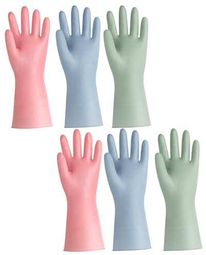MKEAWWU 3 Pares Guantes Limpieza Látex Rosa Verde Azul Claro 32Cm - Impermeables Antideslizantes Con Forro Para Hogar