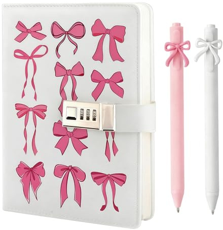 Velorin Pink Bow Diary with Lock for Girls, Secret Diary for Girls, Girl Birthday Gifts, Journal Notebook and Pink Bow Pens