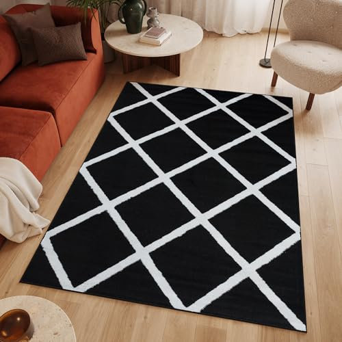 TAPISO Luxury Teppich Kurzflor Schwarz Weiß Modern Marokkanisch Geometrisch Muster Kariert Karo Design Wohnzimmer Schlafzimmer ÖKOTEX 120 x 170 cm