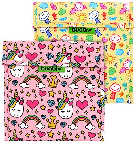 Bolsa merienda infantil 19x19 cm - Porta Bocadillos y Sandwich - Envoltorio térmico Tela y Aluminio, ecológico, reutilizable, sin BPA (Unicornio y Niños)