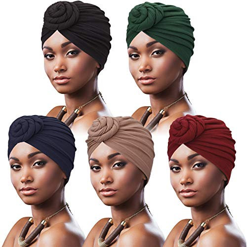 DRESHOW 5 Stücke Afrikanischen Turban für Damen Soft Vorgebunden Knot Mode Plissee Turban Hut Mütze Kopfwickel Schlafmütze