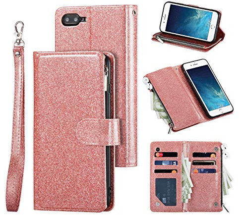 QLTYPRI Case for iPhone 7/8/SE 2020/SE 2022 5G, Large Capacity Leather Wallet Case 6 Card Holder & 1 Zipper Pocket Kickstand Wrist Strap Magnetic Case for iPhone SE 2022/SE 2020/8/7- Glitter Rose Gold