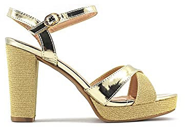 MODELISA - Sandalia de Tacón Alto con Plataforma Brillante Boda Mujer (Oro/3, Sistema tallas calzado EU, Adulto, Mujer, Números, mediano, 36)