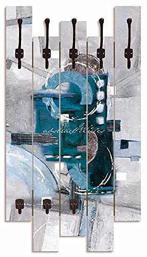 ARTLAND Wandgarderobe Garderobenpaneel Holz mit 8 Haken 63x114 cm Design Garderobe mit Motiv Abstrakt Design Modern Gemälde Blau Grau U1TT