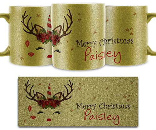 Personalised Mug and Belgian Milk Chocolate/Hot Chocolate Stirrer Marshmallow Gift Set Customised with Ceramic 11oz Gold, Silver, Blue, Pink Glitter Mug with Candy Cane Unicorn Design, Christmas Mug