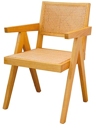EME Mobiliario - Silla Madera Oslo con Brazos para Comedor - Madera de Olmo Color Natural con Respaldo Mimbre y Asiento de ratán, 43 x 46 x 73