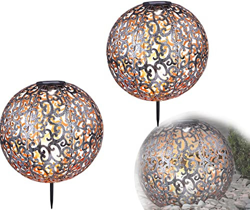 bmf-versand® Solarlampen für Außen Garten Kugel 2er Set Solarleuchten Balkon Wetterfest Solarlampe Outdoor Gartendeko Solar Erdspieß Gartenleuchten Außenbeleuchtung LED (Silber Metall 30 cm)
