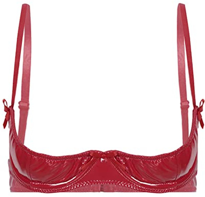 Fldy Womens Sexy Half Cup Bra Open Nipple Lingerie Bra Top Patent Leather Underwired Unlined Brassiere Red XL