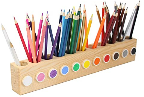 Ouluhend Wooden Colored Pencil Holder with 11 Holes, Wood Desktop Storage Stationary Caddy for Colored Pencils, Markers, Crayons.