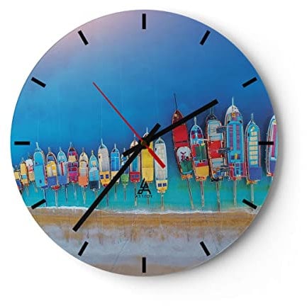 Modern Wanduhr Schiffe Strand Perspektive 40x40cm Rund Groß Wand Uhr Glas Analog Zimmeruhren Küche Büro Wohnzimmer Glasuhr Wall Clock Dekoration Design Wanddekoration Küchenuhr C3AR40x40-4415